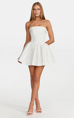 Lana Mini Dress - Ruched Bust Fit And Flare Strapless Corset Bodice Dress With Lace Up Back in White