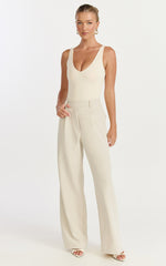 Tessa Pants - Elastic Back Pull On Tailored Pants in Beige