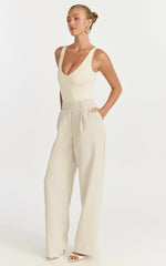 Tessa Pants - Elastic Back Pull On Tailored Pants in Beige
