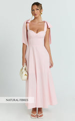 Tymia Midi Dress - Shoulder Tie Bustier Shirred Back A Line in Pink