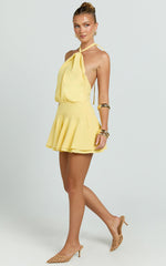 Violetta Mini Dress - Halter Neck Dropped Waist Fit and Flare Dress in Lemon