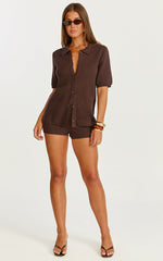Vivi Two Piece Top and Shorts Set - Crochet Shirt and Shorts Set in Chocolate