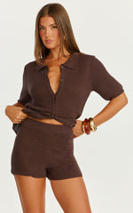 Vivi Two Piece Top and Shorts Set - Crochet Shirt and Shorts Set in Chocolate