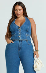 Walton Vest - Halter Neck Button Down Crop Recycled Denim Vest in Dark Blue Wash