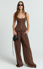 Xandria Pants - Double Pleated Wide Leg Pants in Brown