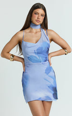 Yasmina Mini Dress - Scarf Tie Cowl Neck Bodycon Dress in Blue Electric Bloom