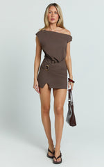 Zareena Mini Dress - Tipped Shoulder Tuck Detail Split Leg Dress in Chocolate
