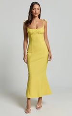 Karina Midi Dress - Ruched Bust Tie Shoulder Fit and Flare Dress in Lemon