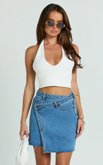 Rihanna Skirt - High Waisted Asymmetrical Denim Skirt in Mid Blue Wash