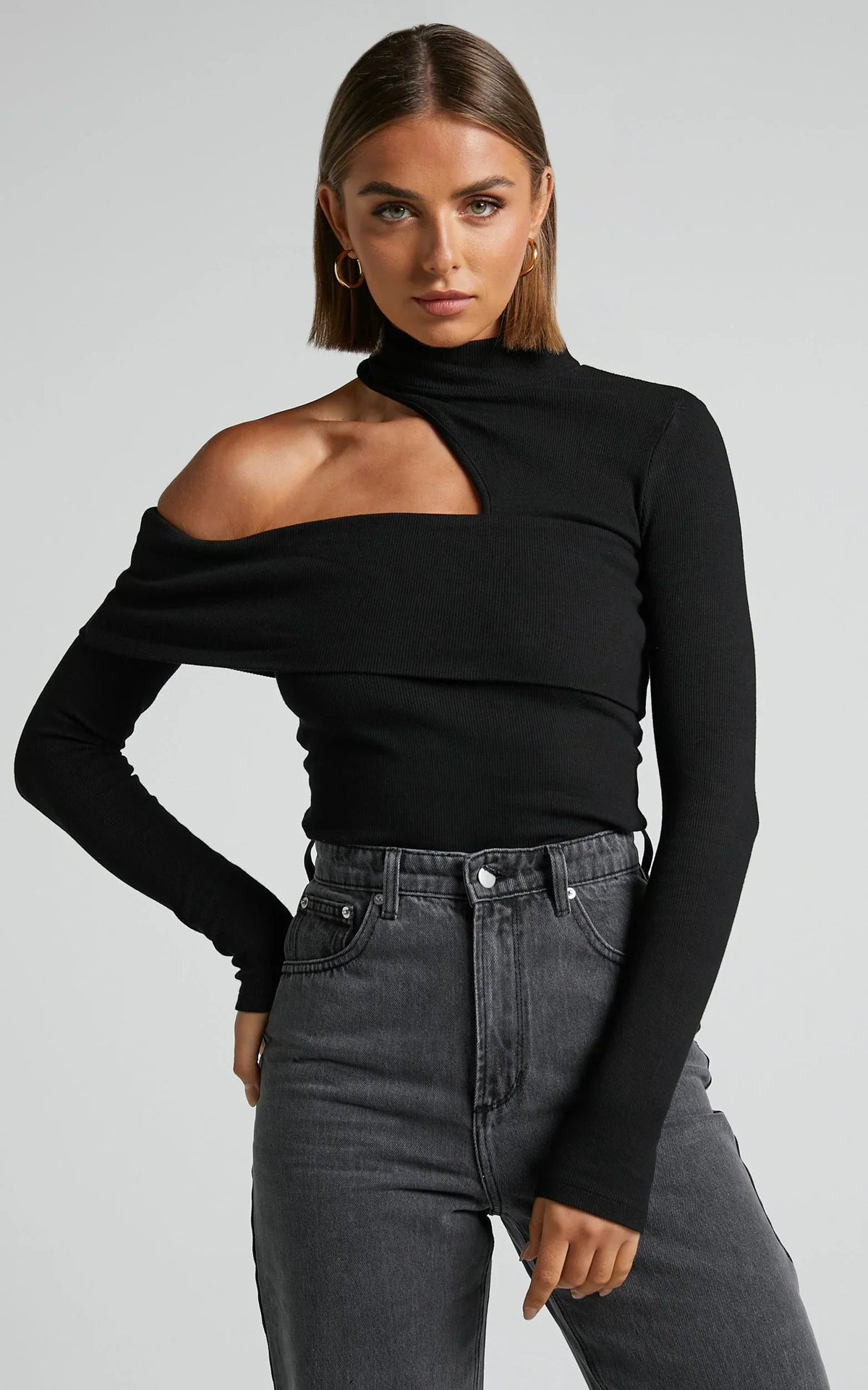 Kiefer Top - Asymmetric Long Sleeve Cutout Top in Black