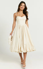 Kara Midi Dress - Strapped Bustier Bubble Hem Dress in Cream