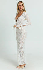 Paula Maxi Dress - Lace V Neck Long Sleeve Column Dress in White