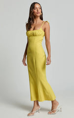 Karina Midi Dress - Ruched Bust Tie Shoulder Fit and Flare Dress in Lemon