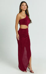 Kala Midi Dress - One Shoulder Cut Out Side Split Dress in Wine