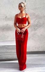 Sylvia Two Piece Set - Corset Top and High Waisted Wide Leg Pants Set in Red