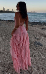 Maeve Maxi Dress - V Neck Ruffle Tier Slip Dress in Pink